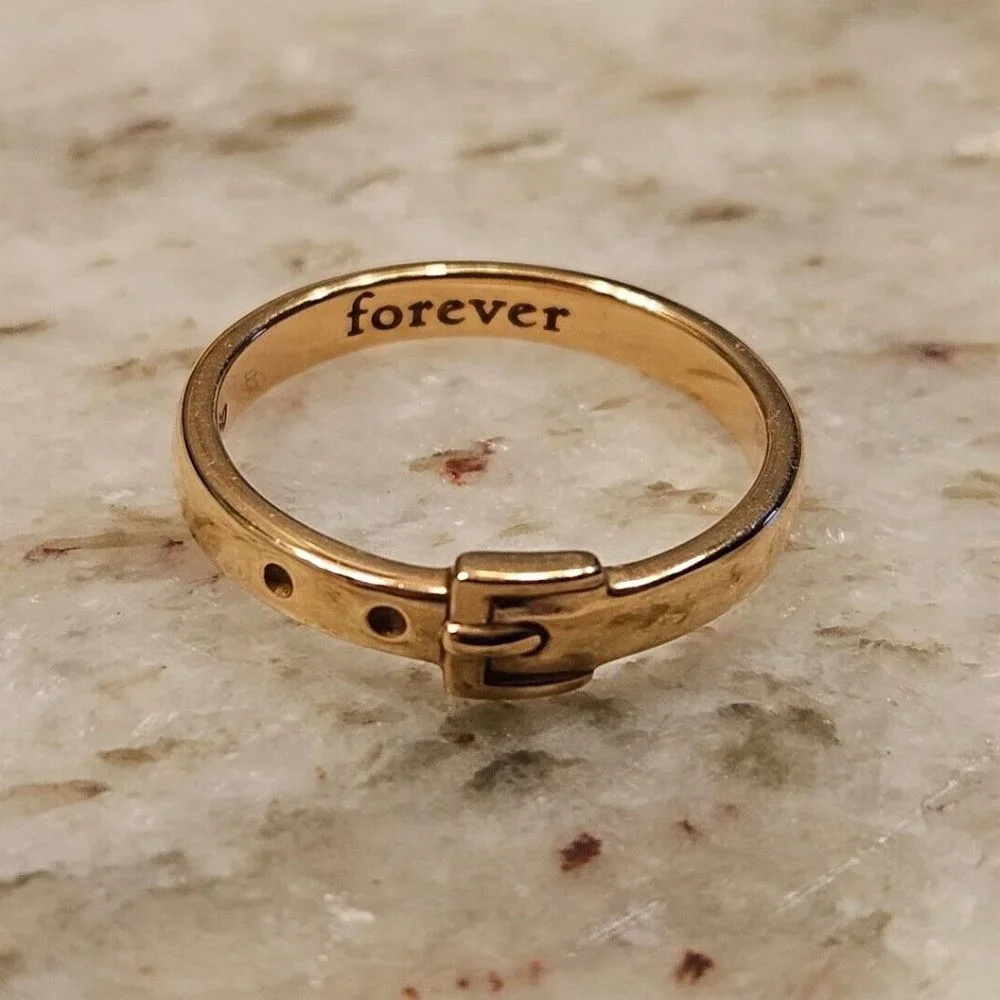 NEW MONICA RICH KOSANN FOREVER BUCKLE BELT POESY STACKABLE 18K ROSE GOLD RING 5